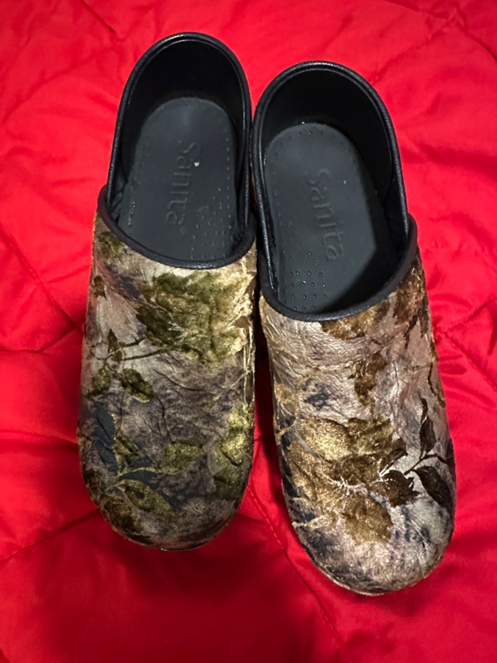 Sanita Velvet Floral Clogs in Olive and Brown